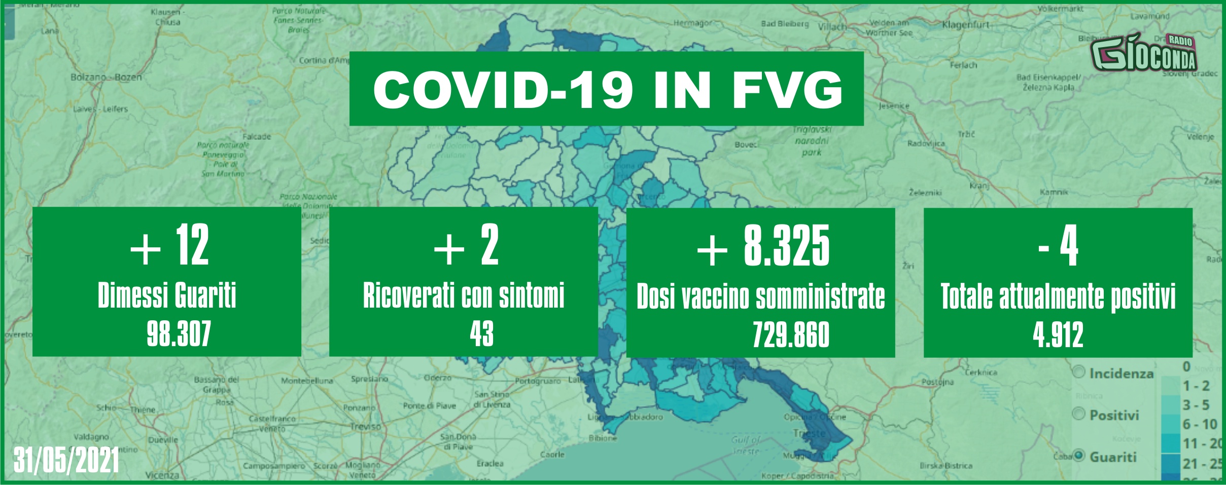 31 maggio 2021 - Aggiornamento casi Covid-19 Dati aggregati quotidiani FRIULI VENEZIA GIULIA