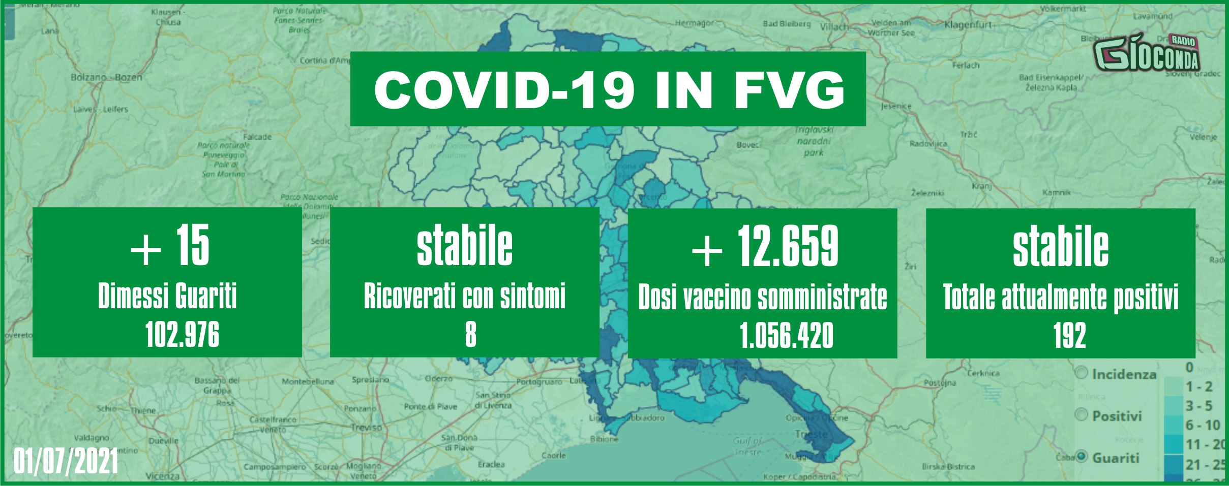 1 luglio 2021 - Aggiornamento casi Covid-19 Dati aggregati quotidiani FRIULI VENEZIA GIULIA