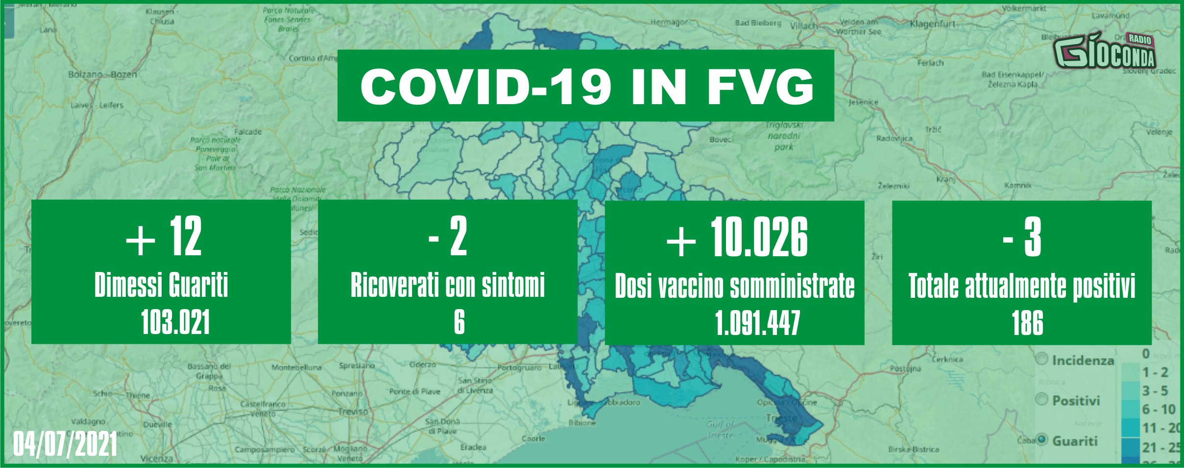 4 luglio 2021 - Aggiornamento casi Covid-19 Dati aggregati quotidiani FRIULI VENEZIA GIULIA