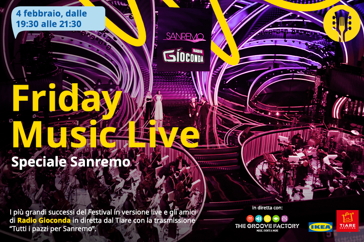 Venerdì, 4 febbraio, si accenderà “Tutti i pazzi per Sanremo”, lo speciale di Radio Gioconda dedicato alla kermesse canora più seguita d’Italia che verrà trasmesso eccezionalmente dal Tiare Shopping di Villesse (Go). ll format radiofonico coinvolge da sempre e in modo diretto gli ascoltatori, invitandoli a diventare “giurati” per una sera: viene data loro la possibilità di esprimere in diretta radio e video il proprio parere sulle canzoni in gara e commentare in generale il Festival di Sanremo. Far parte della “Giuria Gioconda” è molto semplice: basta inviare la propria candidatura attraverso sms o whatsapp al 334.75 220 75, successivamente la redazione della radio si occuperà di contattare ogni giurato per comunicare orari e modalità di collegamento on-line o presenza al live. Durante la serata, che si aprirà alle 19.30, si alterneranno ai microfoni di Radio Gioconda alcuni nomi dello spettacolo italiano che intratterranno il pubblico con aneddoti, anche inediti, legati al Festival più amato d’Italia. L’appuntamento, che verrà condotto dalla giornalista Linda Fiore, dal musicista Gabriele Medeot e dal regista teatrale Luca Ferri, vedrà protagonista anche la musica dal vivo: sul palco della zona “Food Court” del Tiare Shopping si esibiranno Laura Panetta e Mattia Marchesan, che interpreteranno alcuni successi sanremesi. Per chi non potrà essere presente al Tiare Shopping, lo show sarà fruibile in FM sull’intero territorio del Friuli-Venezia Giulia, in Veneto orientale e su parte della regione istriana, e anche attraverso lo streaming disponibile sia sul sito www.radiogioconda.it sia sull’APP “Radio Gioconda”. Verrà inoltre trasmesso in video su Facebook e su Twitch. Radio Gioconda, secondo le più recenti indagini T.E.R., si conferma la radio del Friuli-Venezia Giulia più ascoltata.