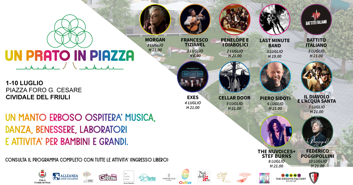 Da venerdì 1 fino a domenica 10 luglio in Piazza Foro Giulio Cesare, nella città Ducale, un manto erboso con alberi e siepi faranno da cornice a proposte culturali, intrattenimento, occasioni di incontro e momenti di svago all’aria aperta per la rassegna "Un prato in piazza". Dieci giorni di musica, danza, benessere, laboratori, attività per bambini e grandi ospiti. Si parte venerdì 1° luglio alle 19.30 con l’inaugurazione e a seguire lo spettacolo di danza moderna di Arteinventando. In serata, alle 21.00, il primo grande ospite di “Un prato in piazza”: Morgan, uno dei più poliedrici artisti italiani, in un concerto piano e voce.