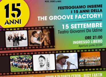 Giovedì 15 settembre dal Teatro Nuovo Giovanni da Udine verrà trasmesso su Radio Gioconda “15 anni The Groove Factory”, l’evento che festeggia i 15 anni di una delle scuole di musica più prestigiose del Nord Italia. Dalle ore 21.00 verranno ripercorsi i tre lustri di attività di “The Groove Factory”, la cui sede si trova a Martignacco (Ud), con tanti ospiti e sorprese. Lo show, condotto da Linda Fiore, vedrà protagonisti sul palco musicisti, cantanti e ballerini. Tra gli ospiti d'onore Francesco Minutello, trombettista per Giorgia, Marco Mengoni e molti altri. La serata è ad ingresso libero su prenotazione attraverso sms o whatsapp al 328 634 3638.