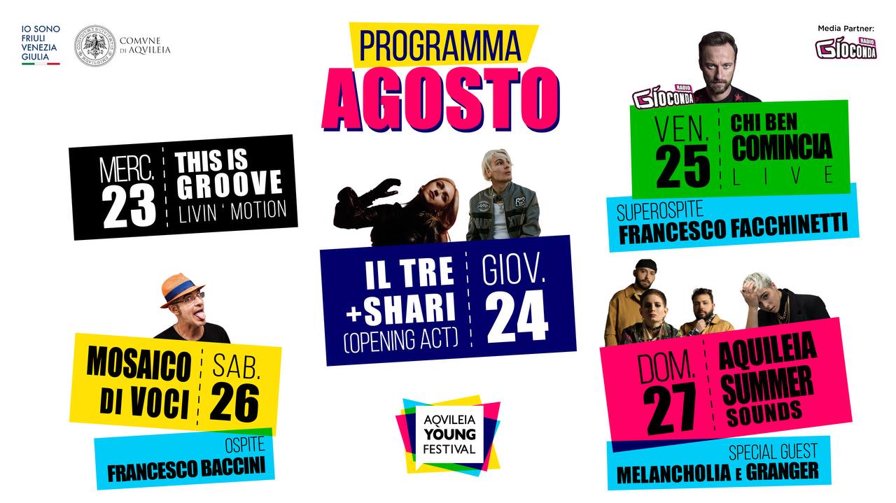 Venerdì 25 Agosto alle 21 “Chi ben comincia” sarà protagonista sul palco di “Aquileia Young 2K23. Sul palco allestito nella suggestiva Piazza Capitolo per "Chi ben comincia Live" i riflettori saranno puntati su Mara Navarria, originaria di Carlino, tra le dieci spadiste più forti al mondo;  Shari, nata a Monfalcone,  cantautrice tra i big sul palco del Festival di Sanremo 2023; il prestigiatore e youtuber professionista Jack Nobile, originario di Lignano, il cui canale YouTube conta più di 1 milione di appassionati che imparano e si stupiscono attraverso i suoi video. Accanto alle tre eccellenze del Nordest siederà il conduttore televisivo, cantautore, scrittore, dj e talent scout Francesco Facchinetti, ospite d’eccezione della serata. Ingresso libero.