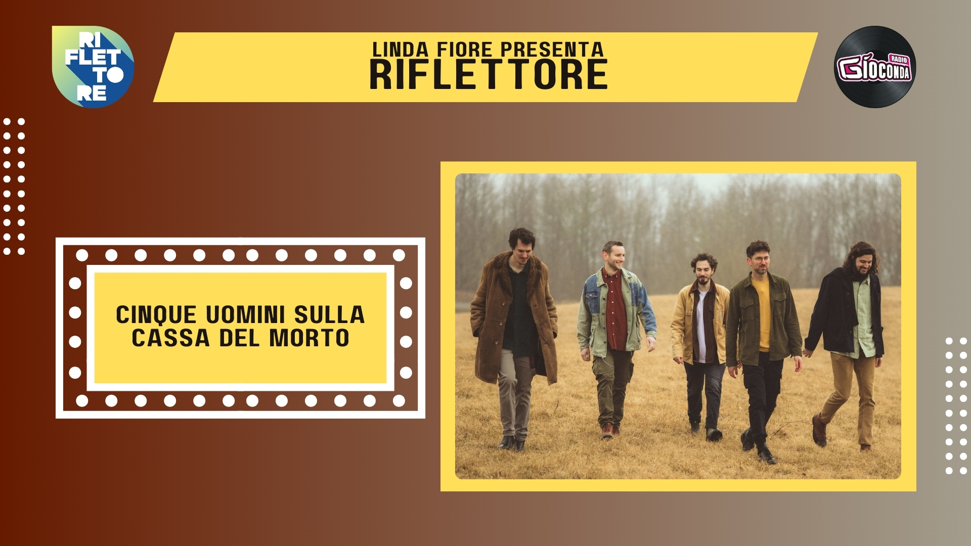 Francesco Imbriaco, chitarra acustica, tastiere e voce solista della band “Cinque Uomini sulla Cassa del Morto”, è il protagonista della nuova puntata di Riflettore in onda venerdì 21 marzo alle 14.30 (in replica alle 20.30).