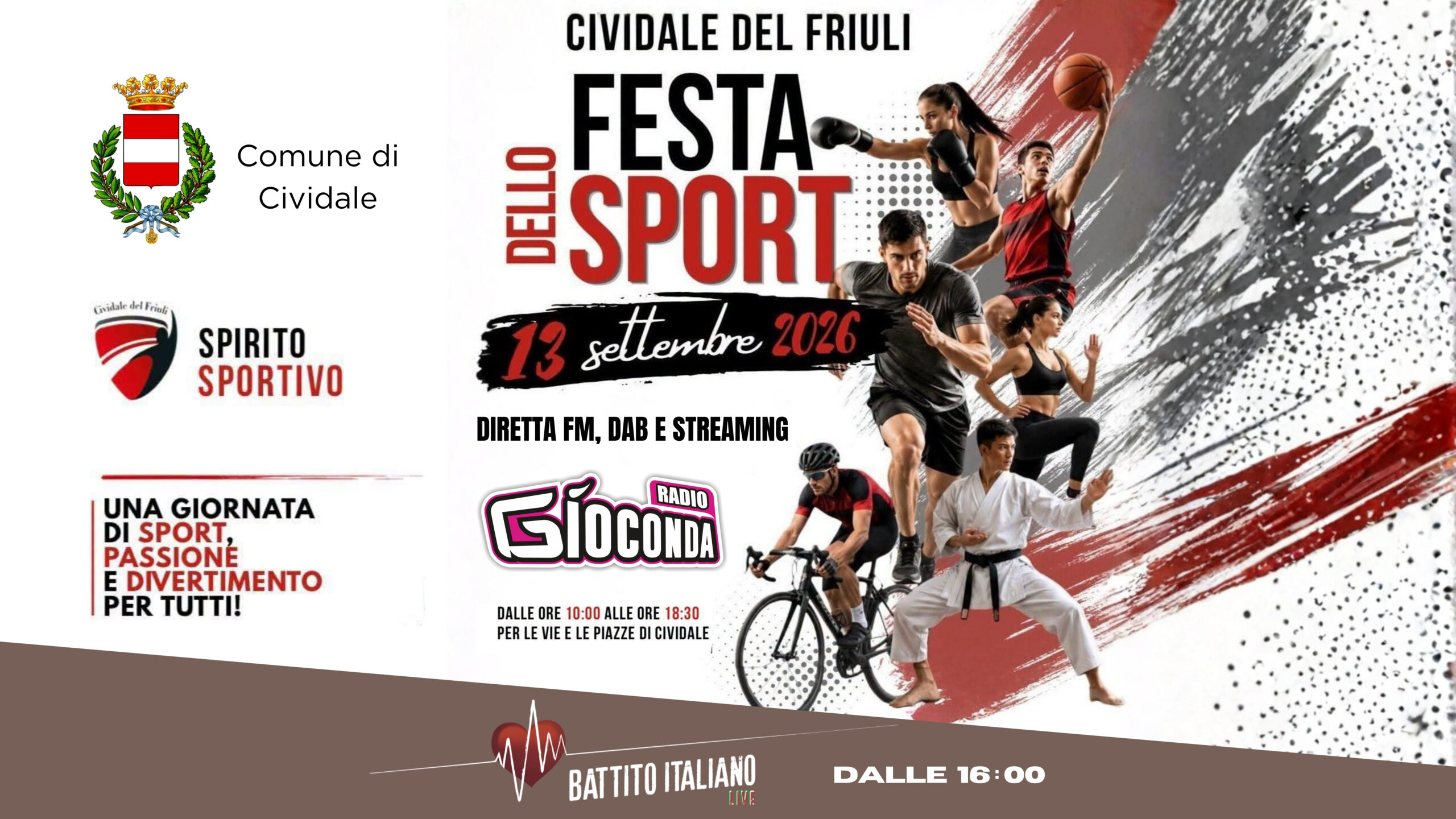 Cividale del Friuli si prepara a vivere una giornata interamente dedicata allo sport, alla comunità e alla partecipazione. Domenica 13 settembre la città ospiterà la Festa dello Sport 2026, un grande evento diffuso che coinvolgerà quattro piazze del centro storico, trasformate per l’occasione in spazi dimostrativi, aree prova e punti di incontro con le associazioni sportive del territorio. La manifestazione sarà seguita in diretta da Radio Gioconda,